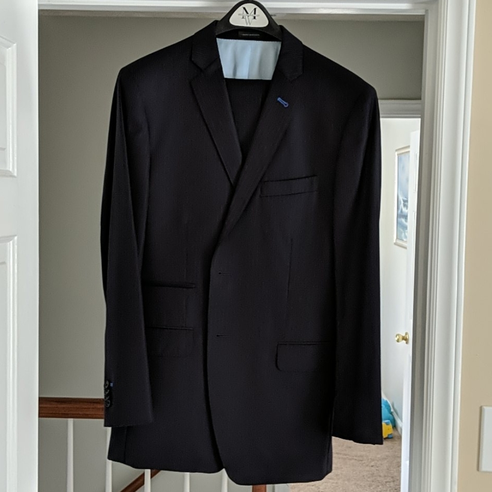 Bachrach Modern Two-Button Suit, Navy Stripe